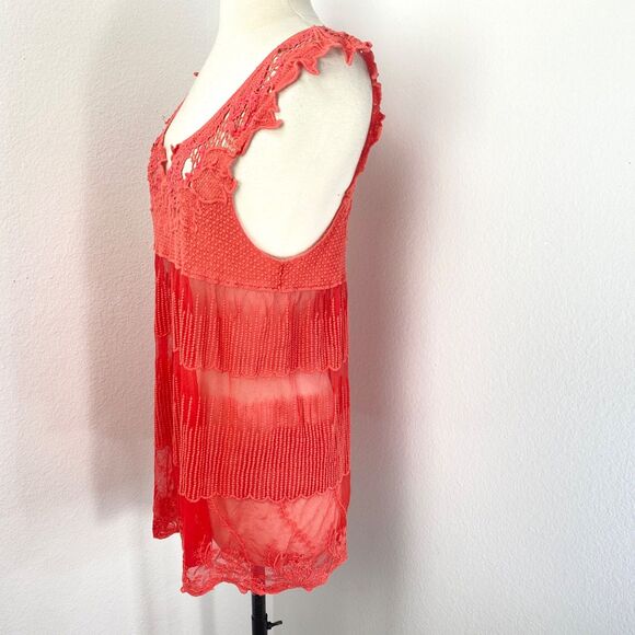 Janet Paris Orange Embroidered Mesh Top Tunic Large Studs Mesh Festival Boho - Picture 6 of 12